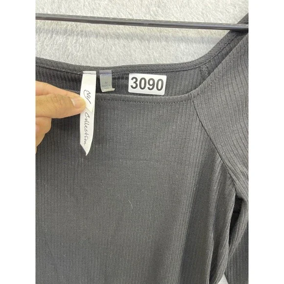 NY Collection Women's Bodysuit Ribbed 3/4 Sleeve Solid Black Medium - Picture 12 of 13